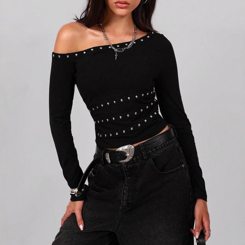 Studded Off-Shoulder Long-Sleeve Tee