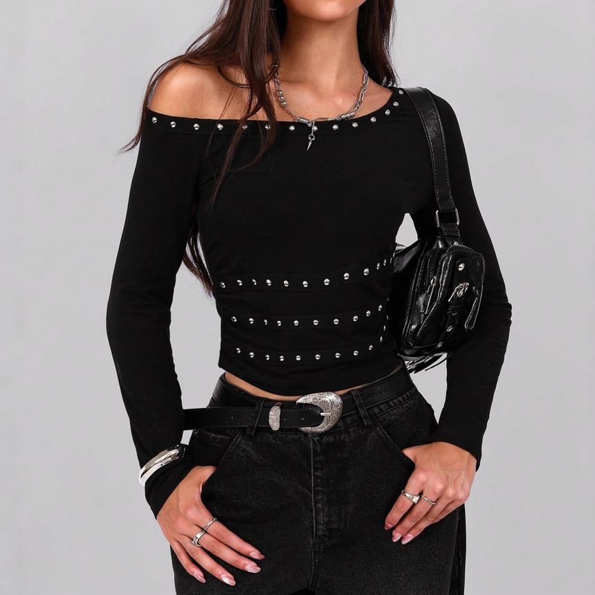 Studded Off-Shoulder Long-Sleeve Tee