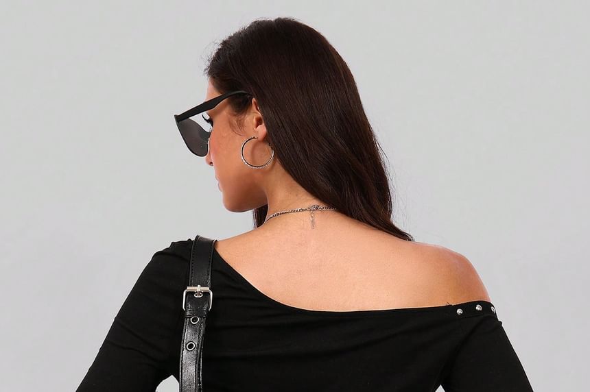 Studded Off-Shoulder Long-Sleeve Tee