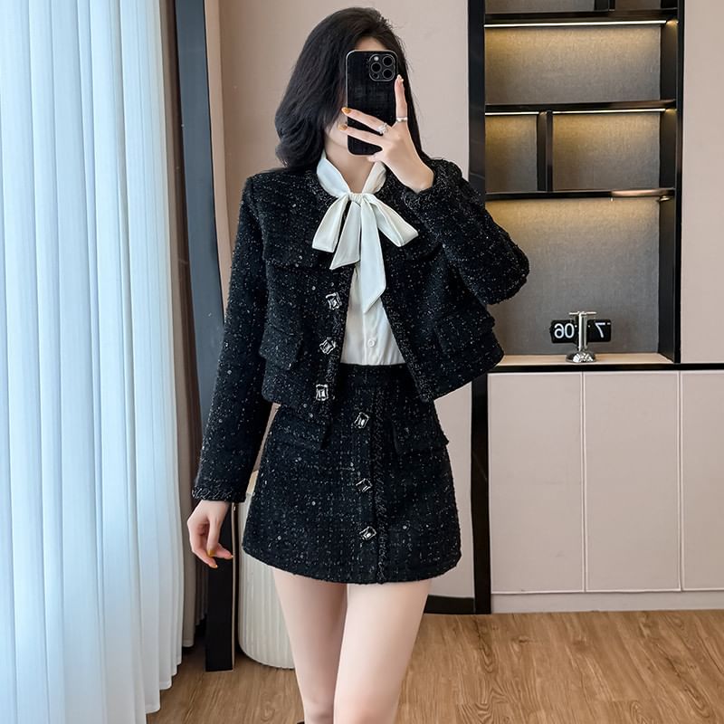 Set: Round Neck Tweed Button Jacket + High Rise Mini A-Line Skirt