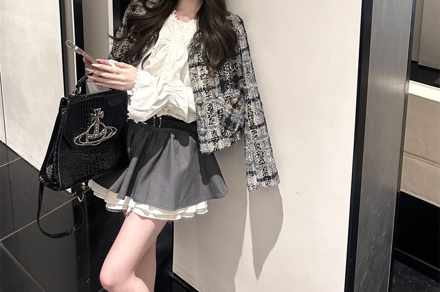 Tweed Button Up Jacket / High Rise Mini A-Line Skirt / Long-Sleeve Plain Ruffle Trim Blouse