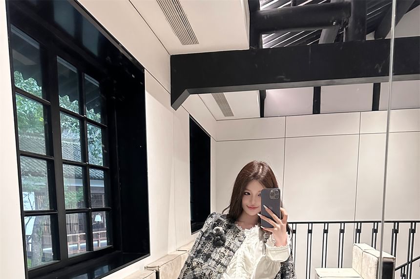 Tweed Button Up Jacket / High Rise Mini A-Line Skirt / Long-Sleeve Plain Ruffle Trim Blouse