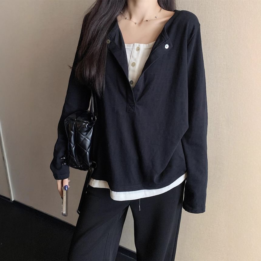 Loose Color-Block Two-Piece Long Sleeve Tee