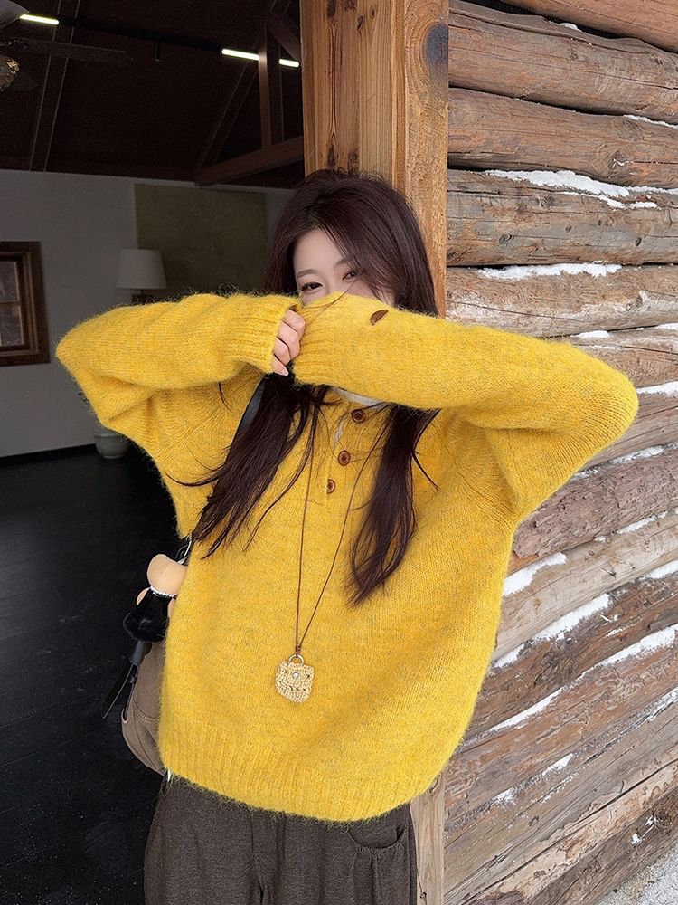 Relaxed Half-Button Long Sleeve Knit Sweater