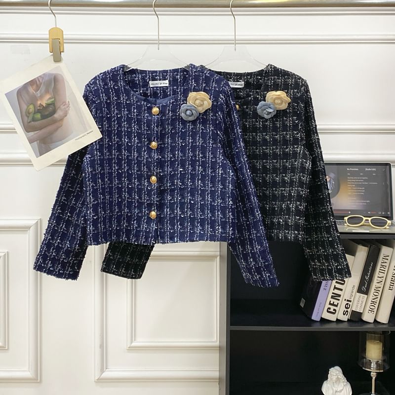 Crew Neck Plaid Flower Accent Button-Up Tweed Crop Jacket
