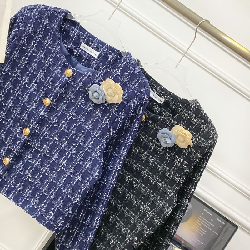 Crew Neck Plaid Flower Accent Button-Up Tweed Crop Jacket