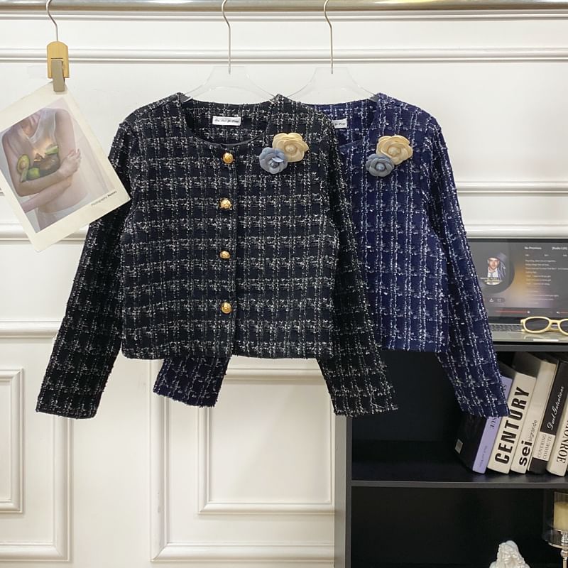 Crew Neck Plaid Flower Accent Button-Up Tweed Crop Jacket