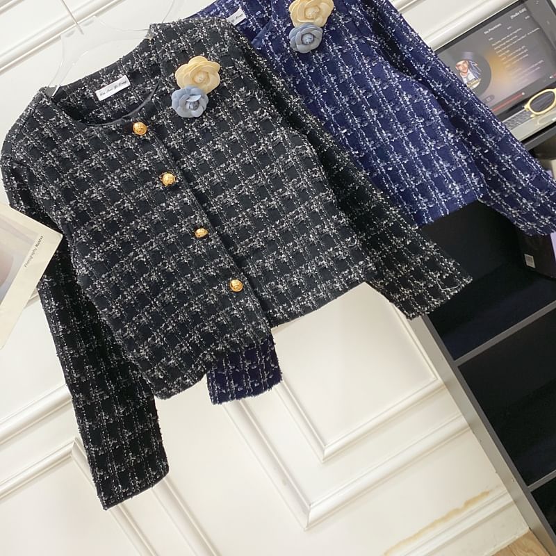 Crew Neck Plaid Flower Accent Button-Up Tweed Crop Jacket