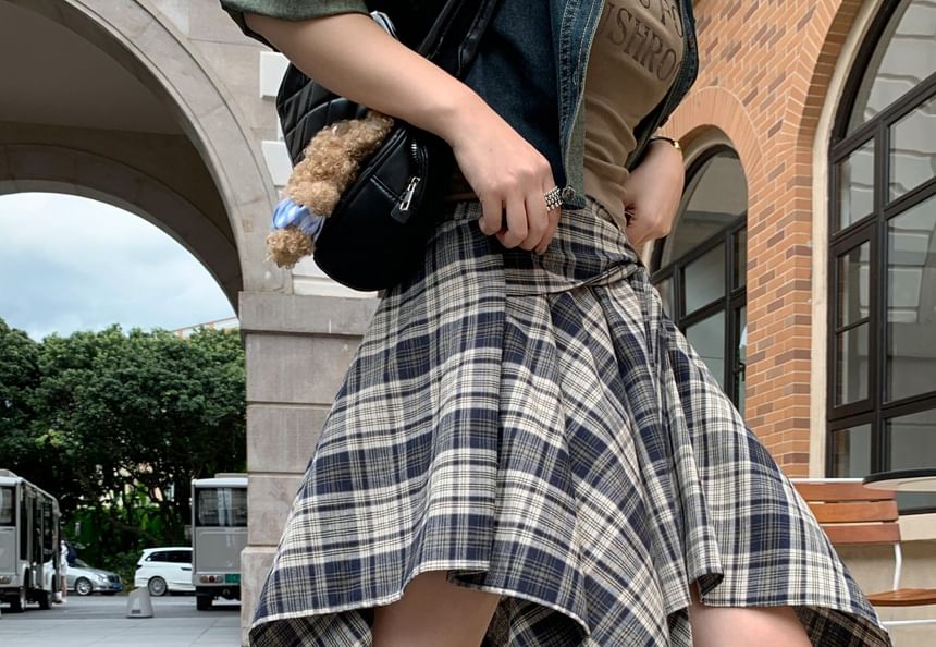 High-Rise Plaid Tie Front A-Line Skirt