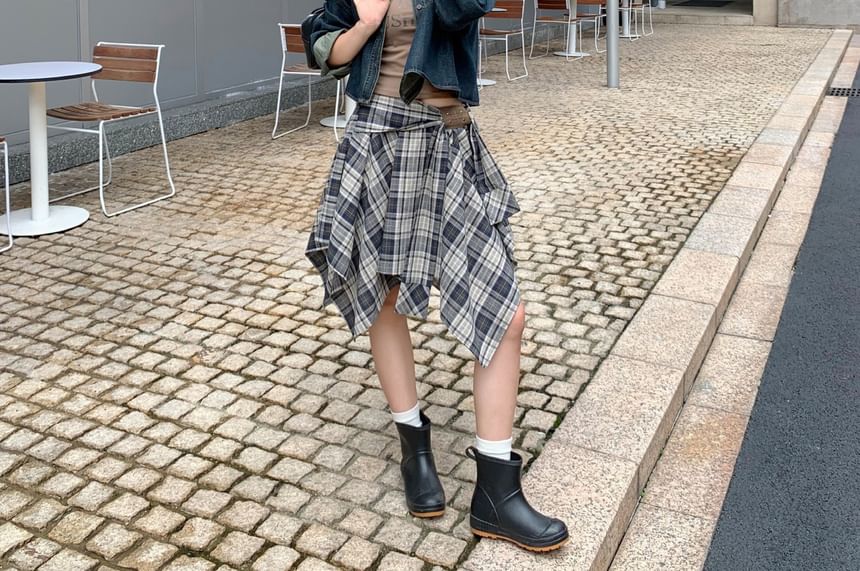 High-Rise Plaid Tie Front A-Line Skirt