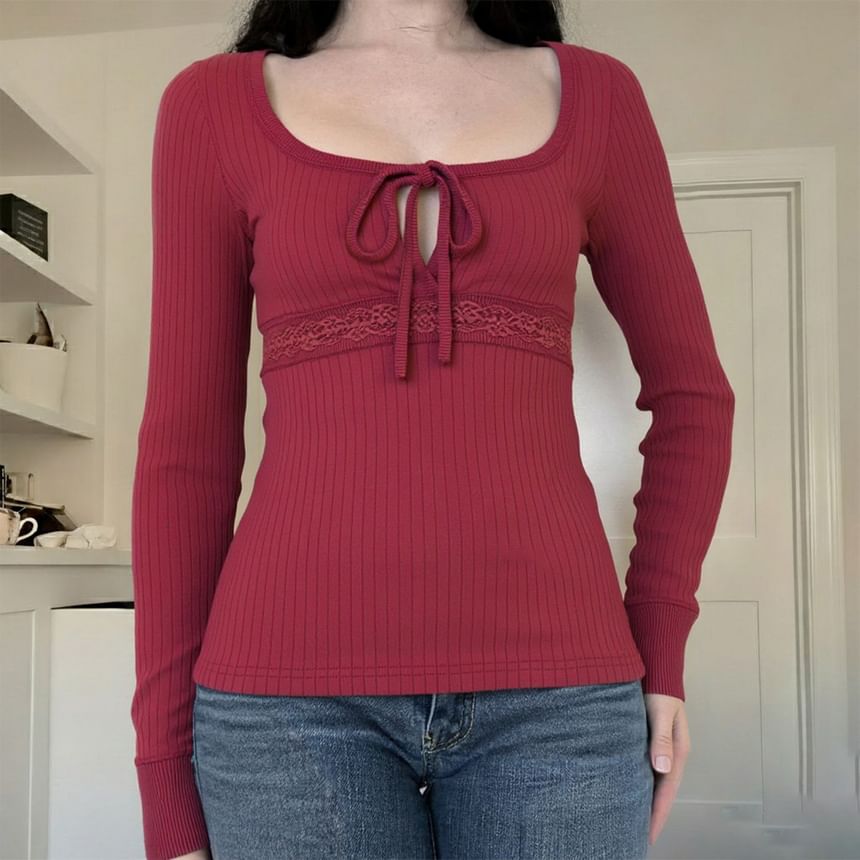 Square Neck Cutout Long-Sleeve Solid Top