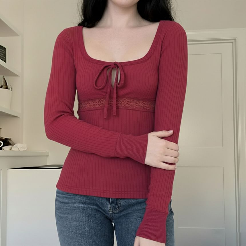 Square Neck Cutout Long-Sleeve Solid Top