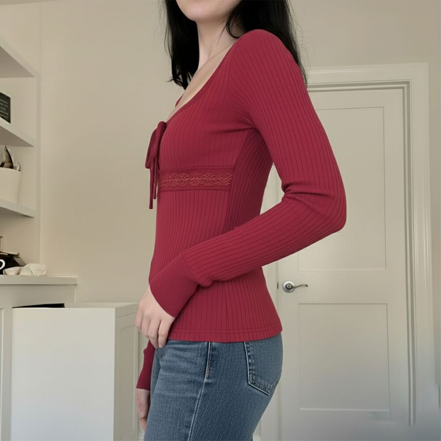 Square Neck Cutout Long-Sleeve Solid Top