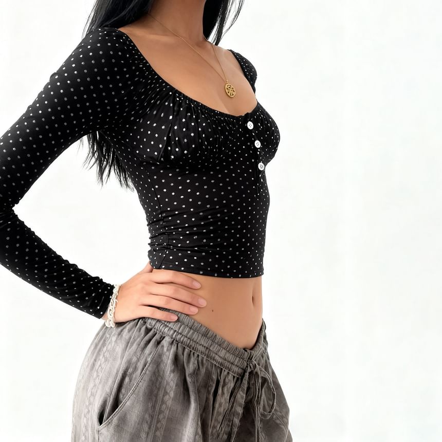 Polka Dot Scoop Neck Crop Top with Long Sleeves