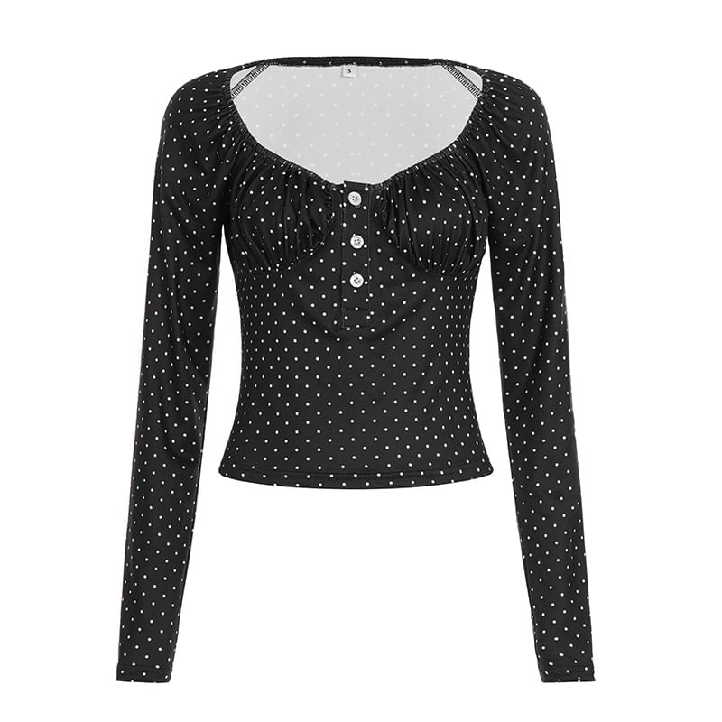 Polka Dot Scoop Neck Crop Top with Long Sleeves
