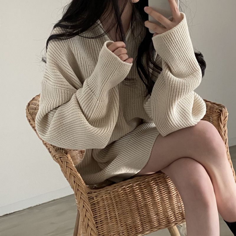 Oversized Half-Zip Ribbed Knit Sweater