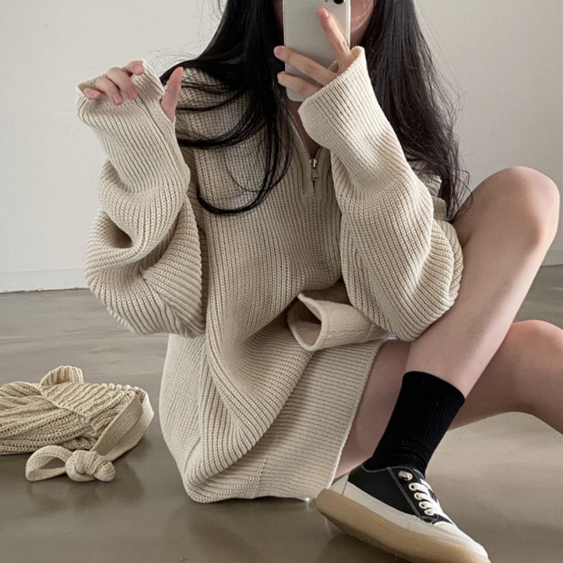 Oversized Half-Zip Ribbed Knit Sweater