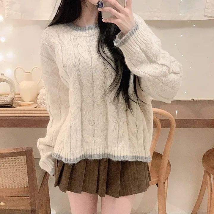 Crew Neck Contrast Trim Cable Knit Sweater