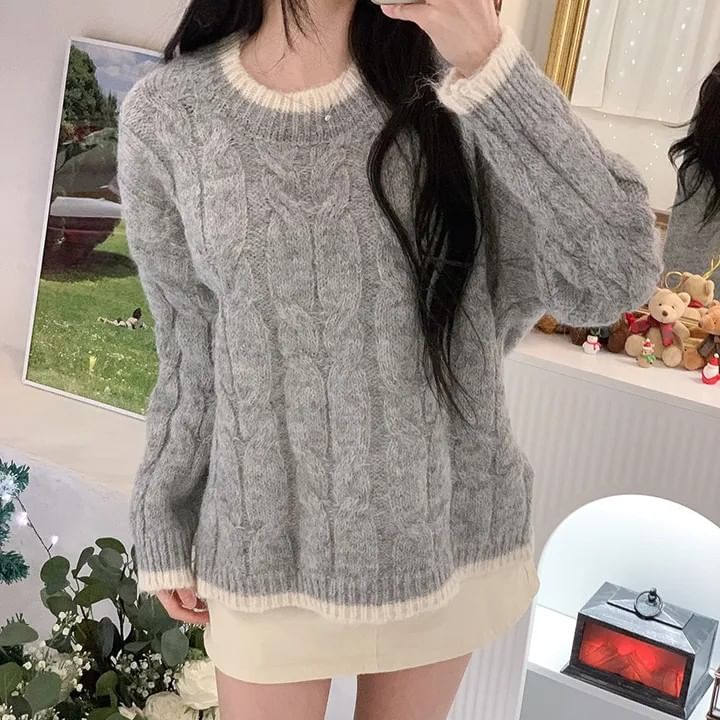 Crew Neck Contrast Trim Cable Knit Sweater