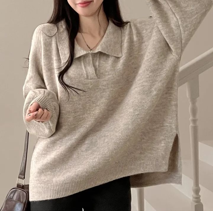 Drop Shoulder Collared Solid Knit Sweater