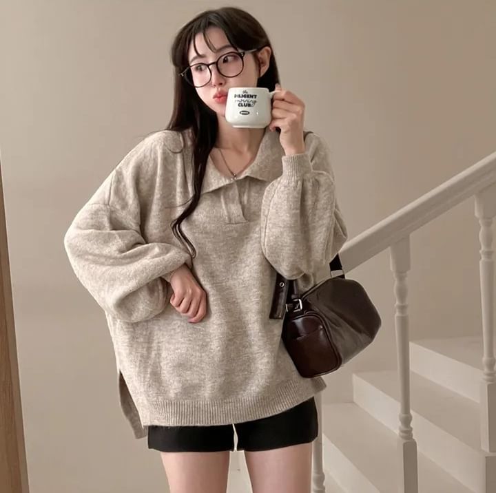 Drop Shoulder Collared Solid Knit Sweater