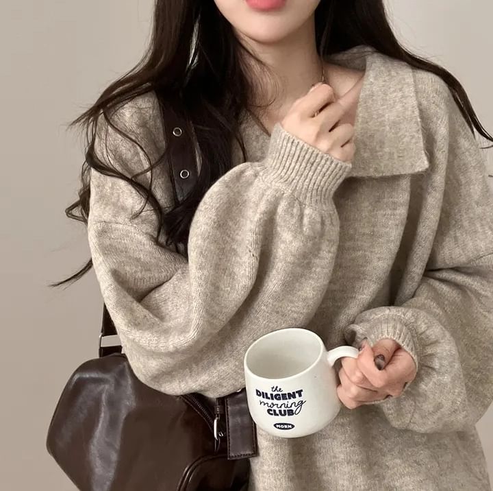 Drop Shoulder Collared Solid Knit Sweater