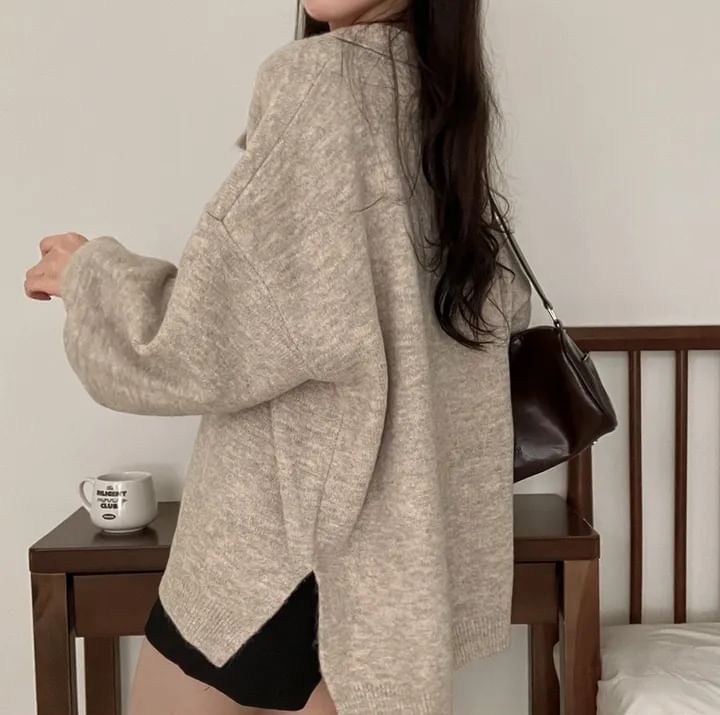 Drop Shoulder Collared Solid Knit Sweater