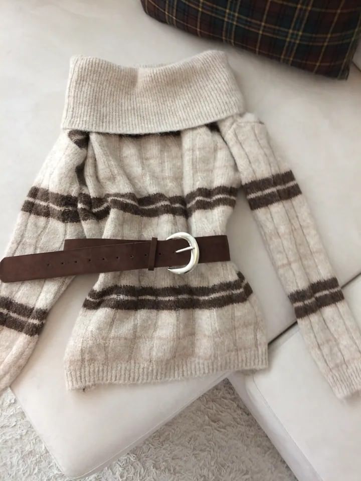 Off-Shoulder Striped Ribbed Knit Sweater with Belt Set