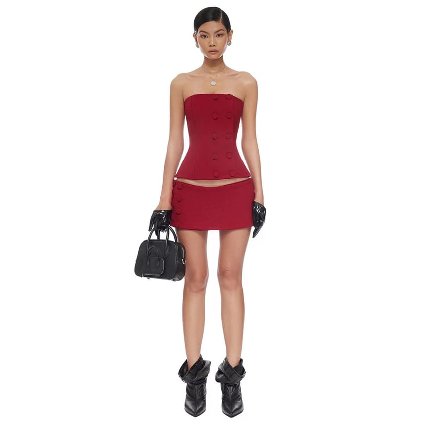 Button-Accented Tube Top with Low-Rise Mini Skort Set