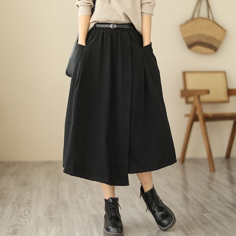 Elastic Waist Asymmetrical Midi Skirt with Belt Set