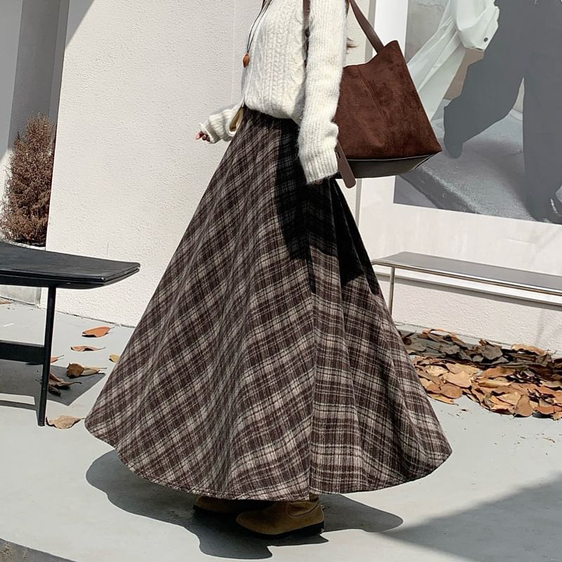 High-Waist Plaid Maxi A-Line Skirt
