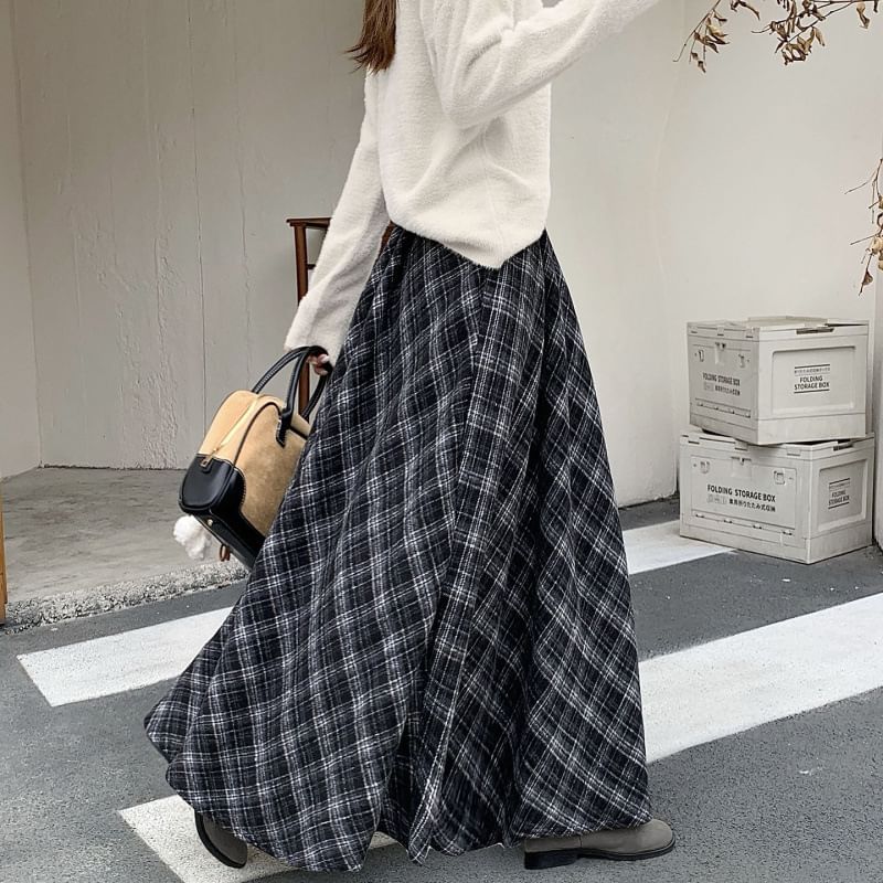 High-Waist Plaid Maxi A-Line Skirt