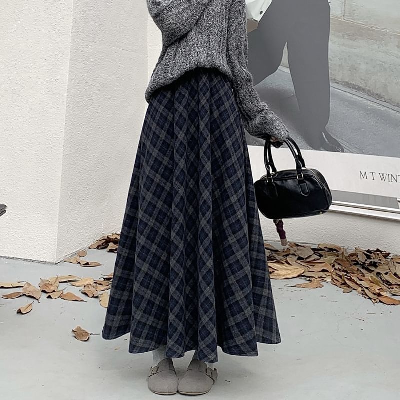 High-Waist Plaid Maxi A-Line Skirt