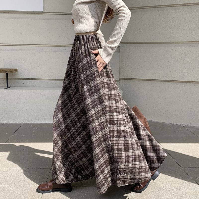 High-Waist Plaid Maxi A-Line Skirt