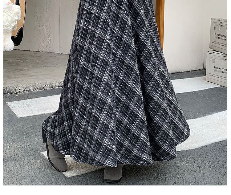 High-Waist Plaid Maxi A-Line Skirt
