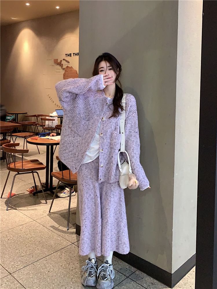 Crew Neck Cardigan & Midi Skirt & Long-Sleeve Tee Set