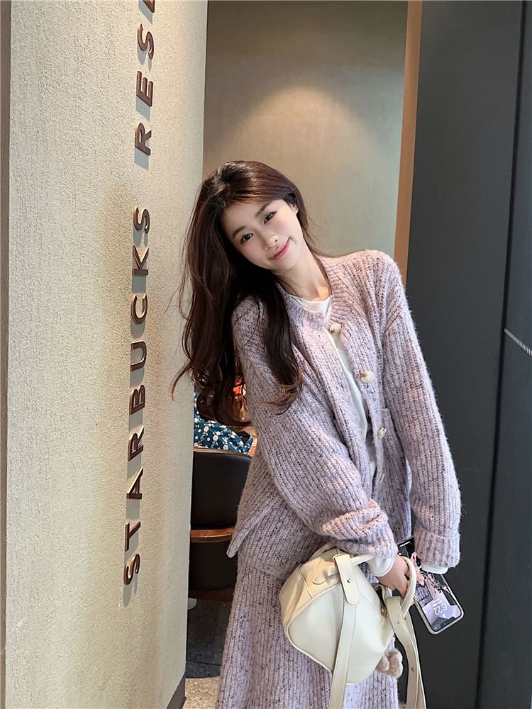Crew Neck Cardigan & Midi Skirt & Long-Sleeve Tee Set