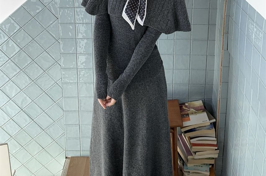 Long-Sleeve Knit Top & Tie Neck Cape & Maxi Skirt Set