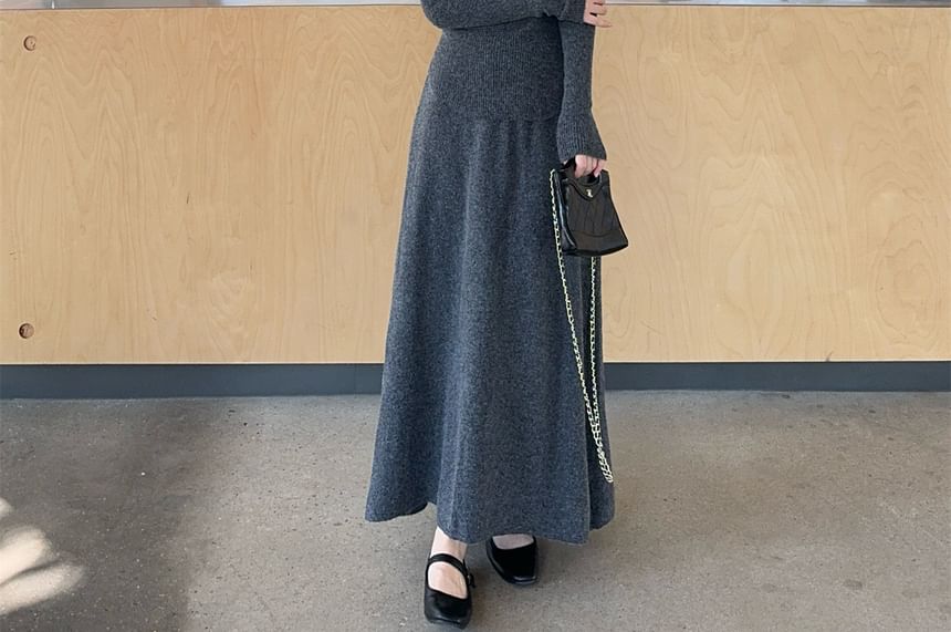 Long-Sleeve Knit Top & Tie Neck Cape & Maxi Skirt Set