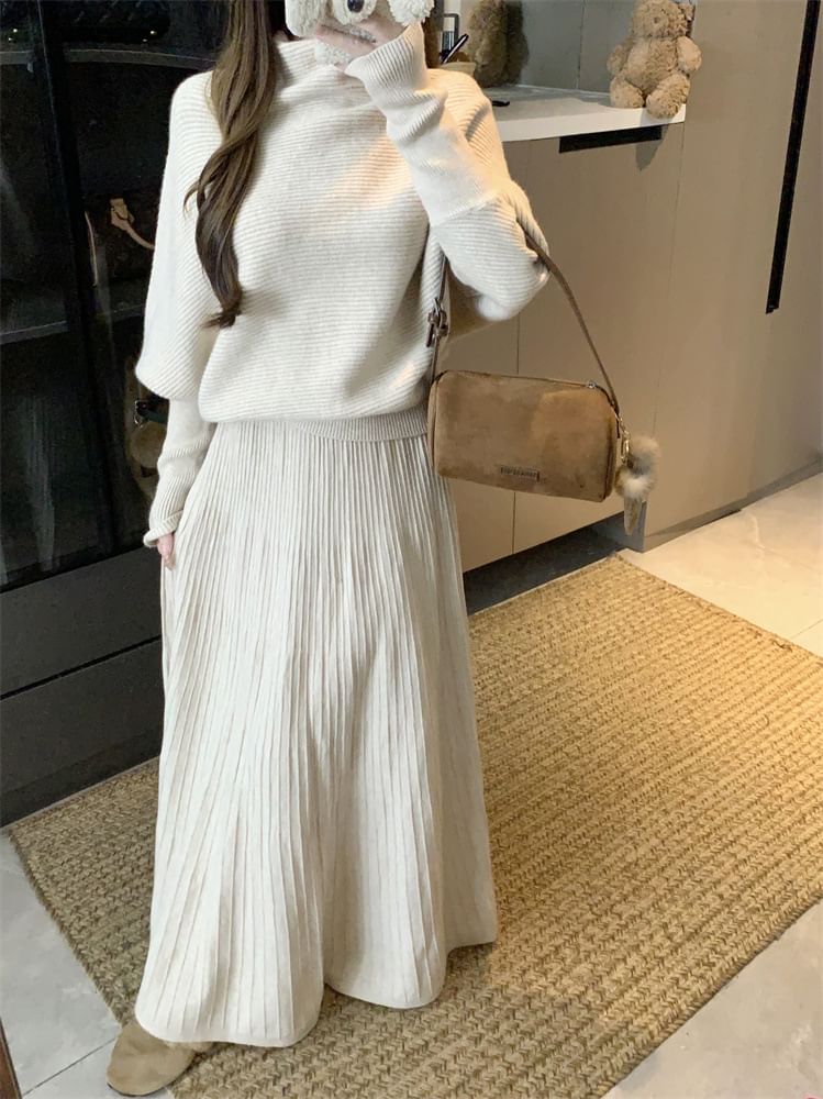 Turtleneck Drop Shoulder Sweater & Maxi Skirt Set
