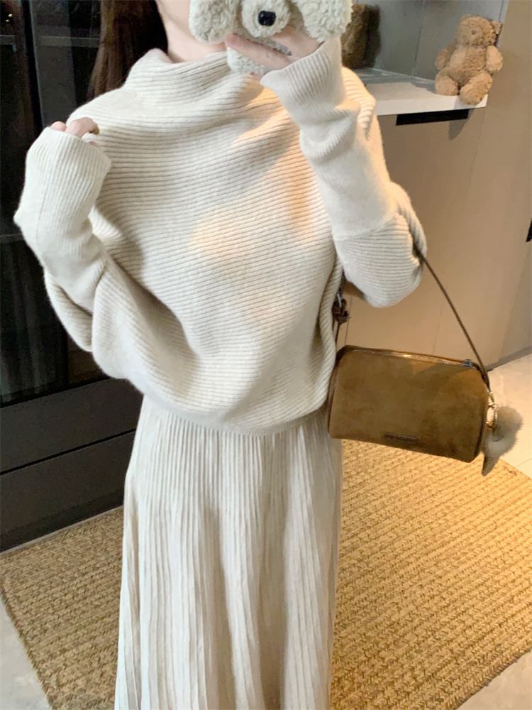 Turtleneck Drop Shoulder Sweater & Maxi Skirt Set