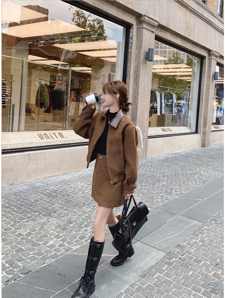 Faux Leather Zip Jacket and Mini A-Line Skirt Set