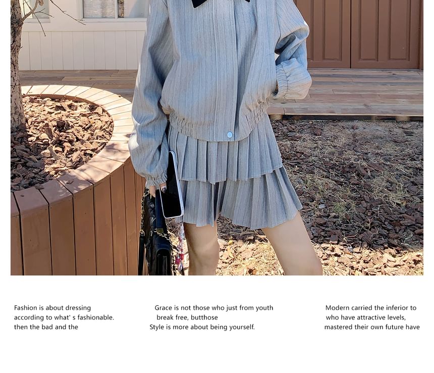 Contrast Collar Striped Zip Jacket and Tiered Pleated Mini Skirt Set