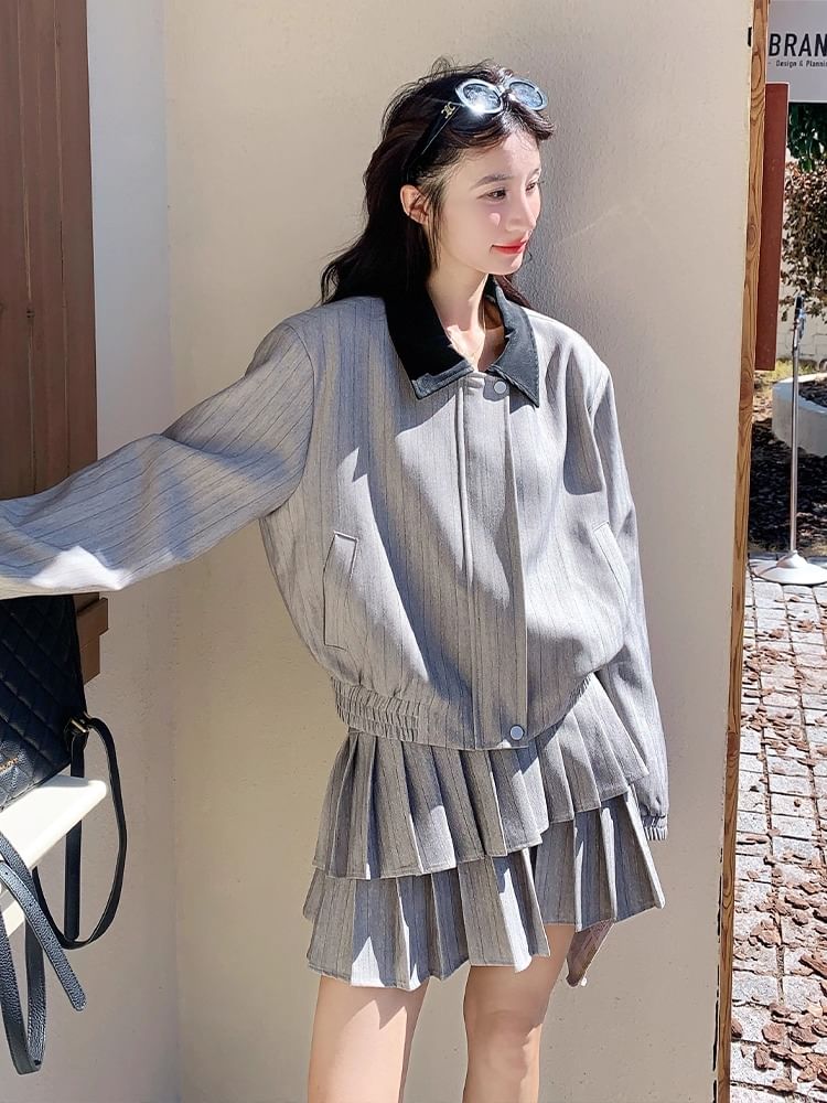 Contrast Collar Striped Zip Jacket and Tiered Pleated Mini Skirt Set