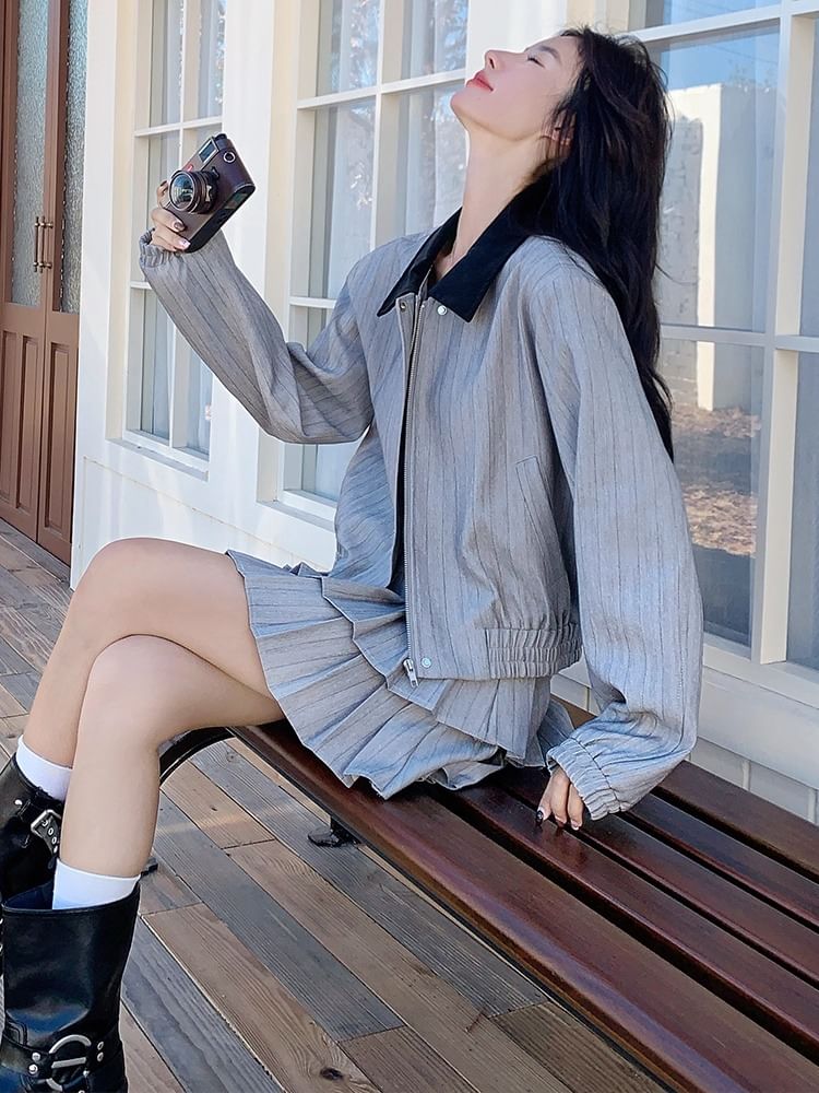 Contrast Collar Striped Zip Jacket and Tiered Pleated Mini Skirt Set