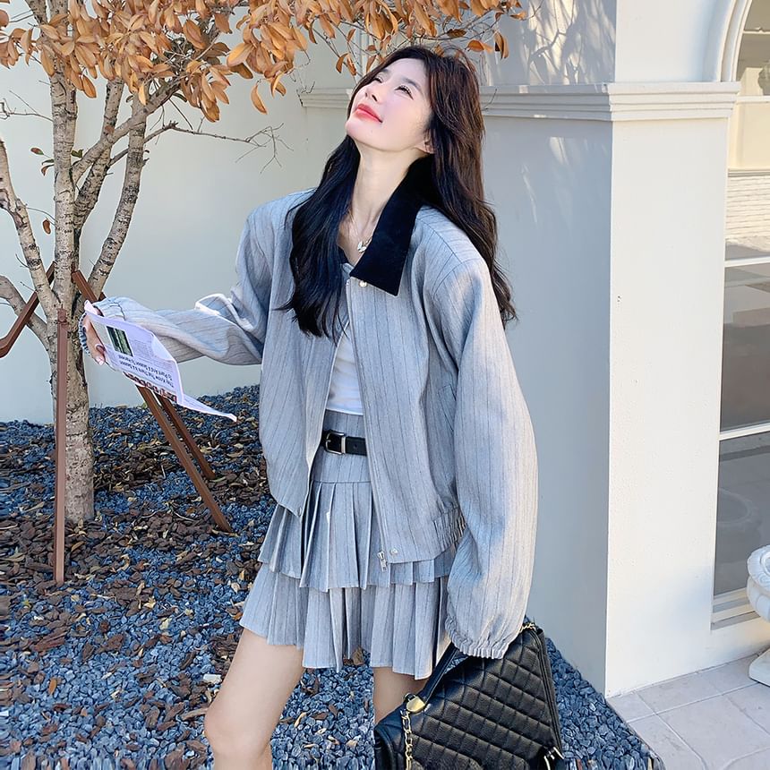 Contrast Collar Striped Zip Jacket and Tiered Pleated Mini Skirt Set