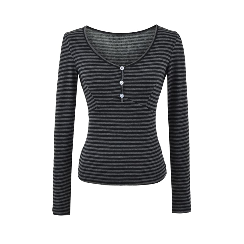 Striped Button-Front V-Neck Long-Sleeve Shirt
