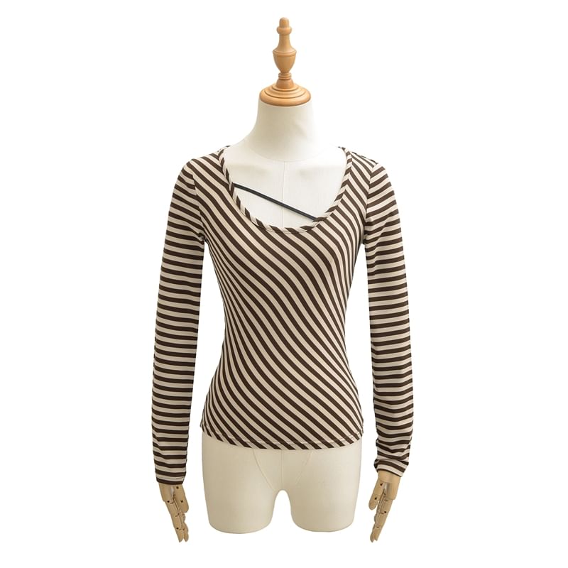Striped Crew Neck Long-Sleeve Knit Tee with Scoop Collar