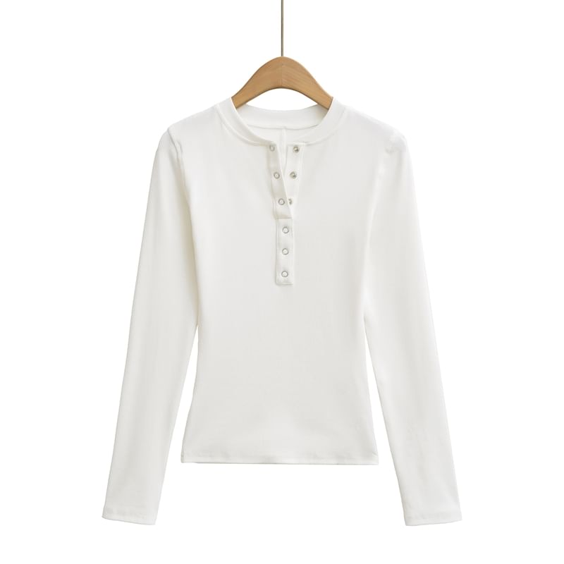 Henley Neck Plain Long-Sleeve Knit Tee with Button Placket