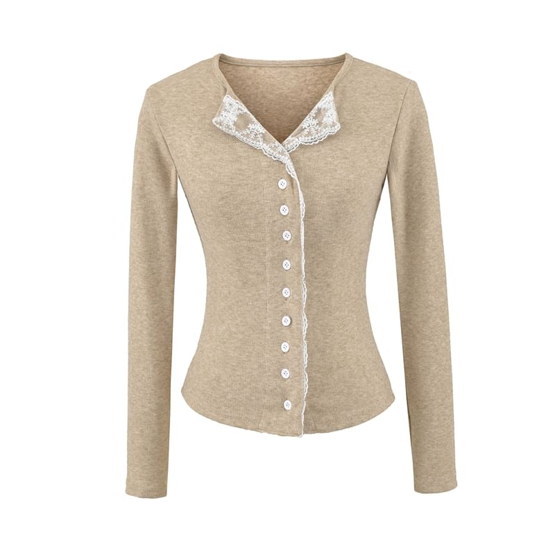 Open Placket Lace-Trimmed Long-Sleeve Blouse with Buttons